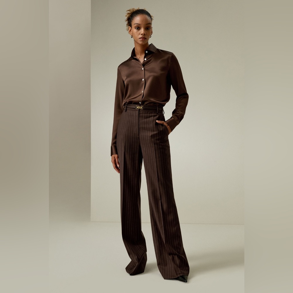 Brown Pinstripe Women's High Rise Straight Pants Lilysilk